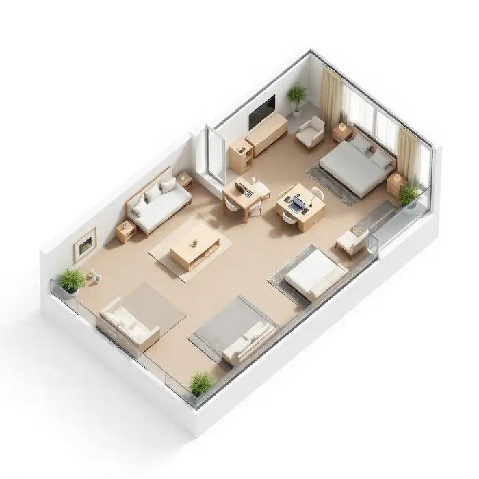 3 BHK + Study floor plan render